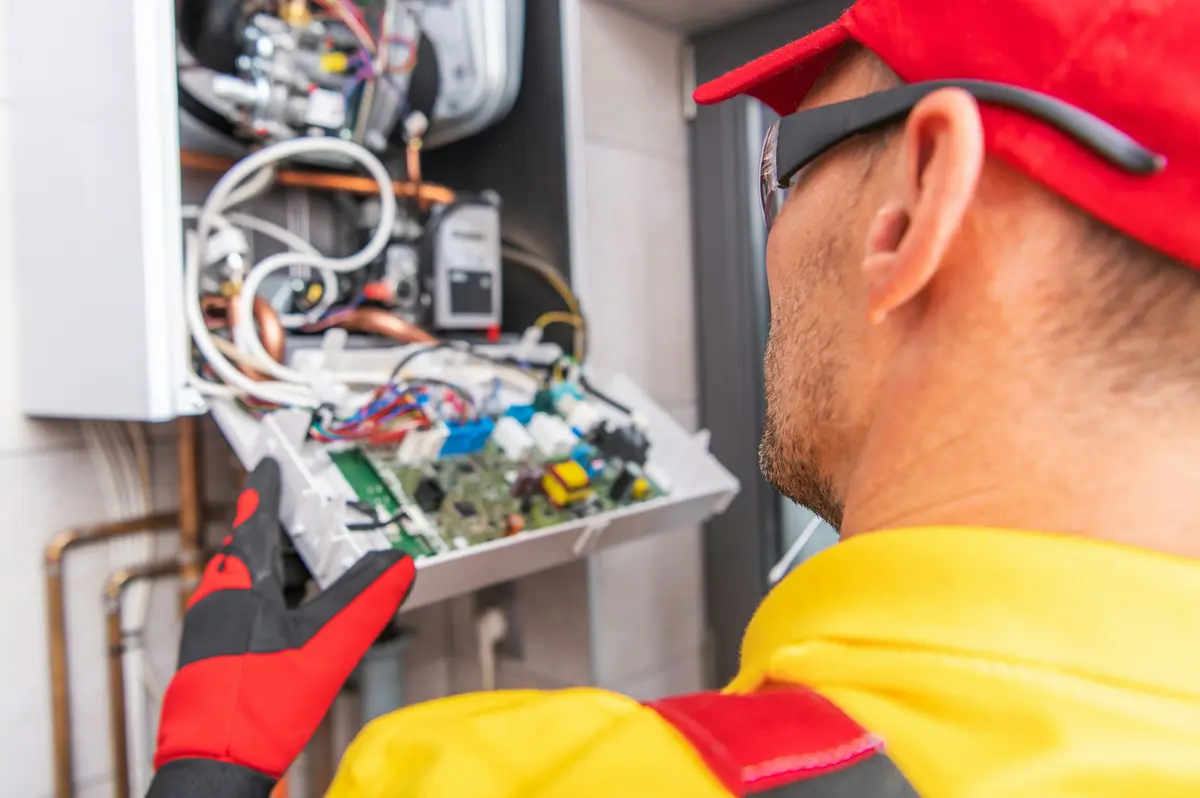 Boiler service technician working on wall-hung combi boiler